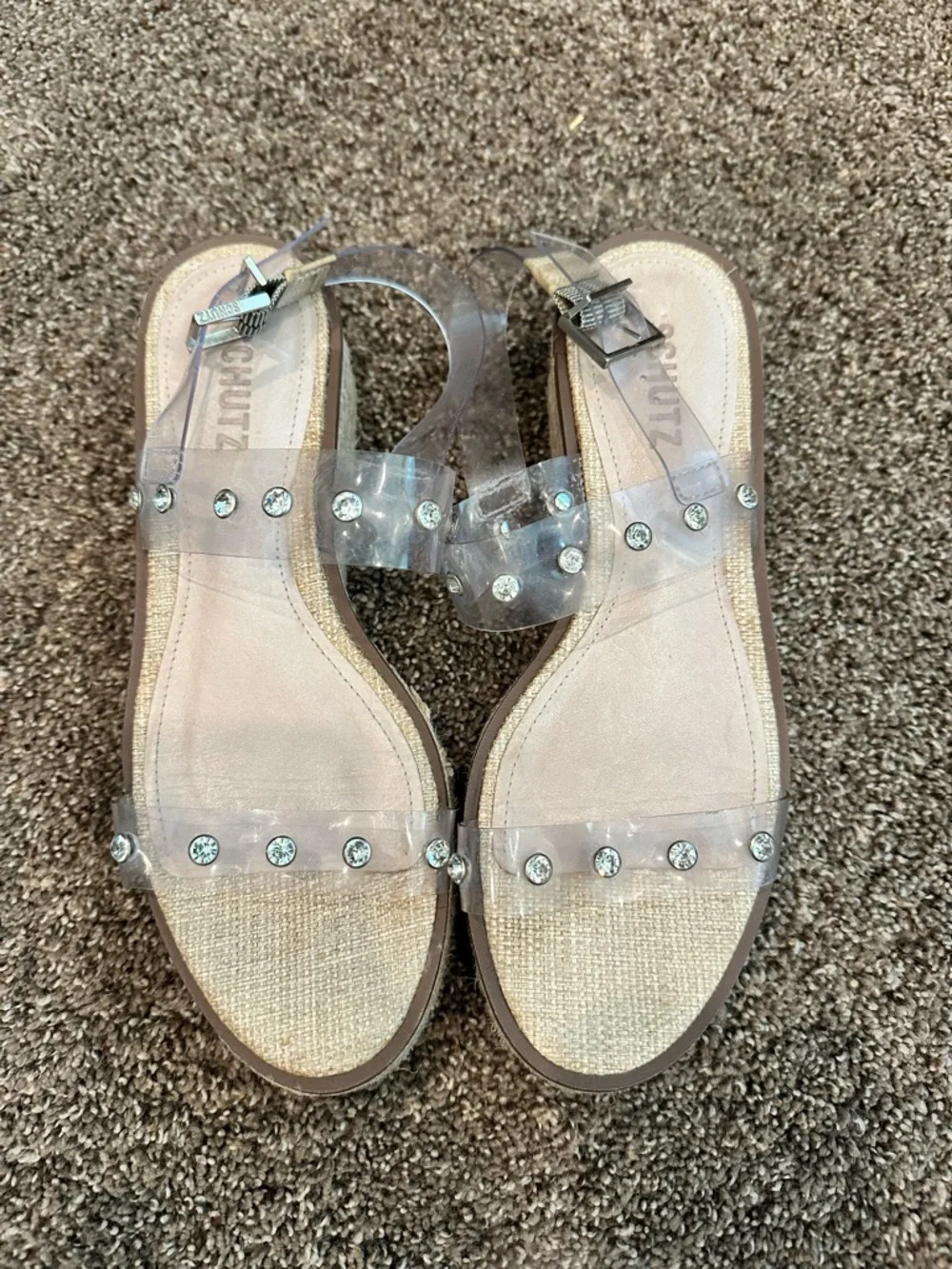 Schutz Clear Rhinestone Studded Espadrille Wedge Sandals 7.5 Boho Chic